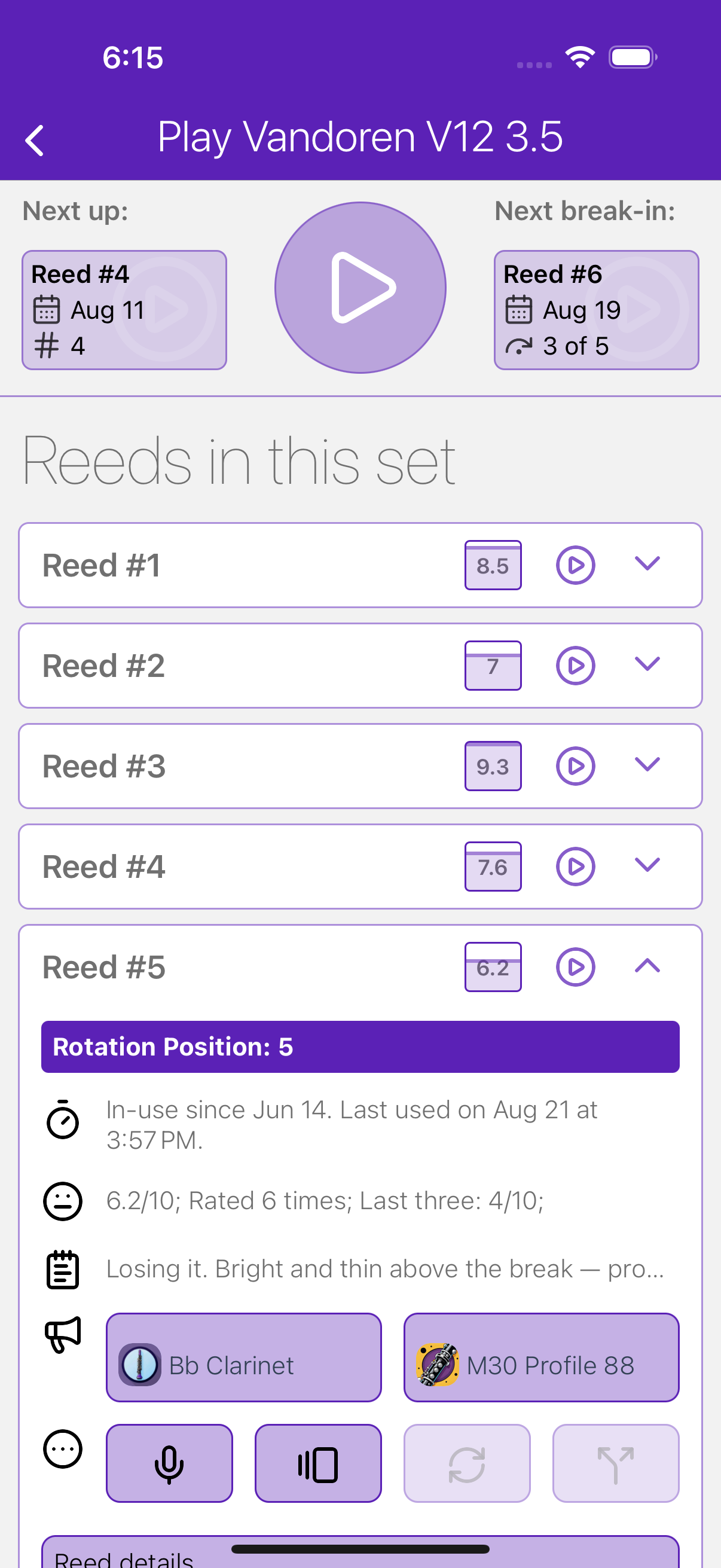 The reeDminder Play screen on iPhone. At the top, "Next up: Reed #4" and "Next break-in: Reed #6, 3 of 5". Below, the reeds in a Vandoren V12 3.5 set rated 8.5, 7, 9.3 and 7.6, with Reed #5 expanded and reading 6.2 out of 10 across six ratings but 4 out of 10 across the last three.