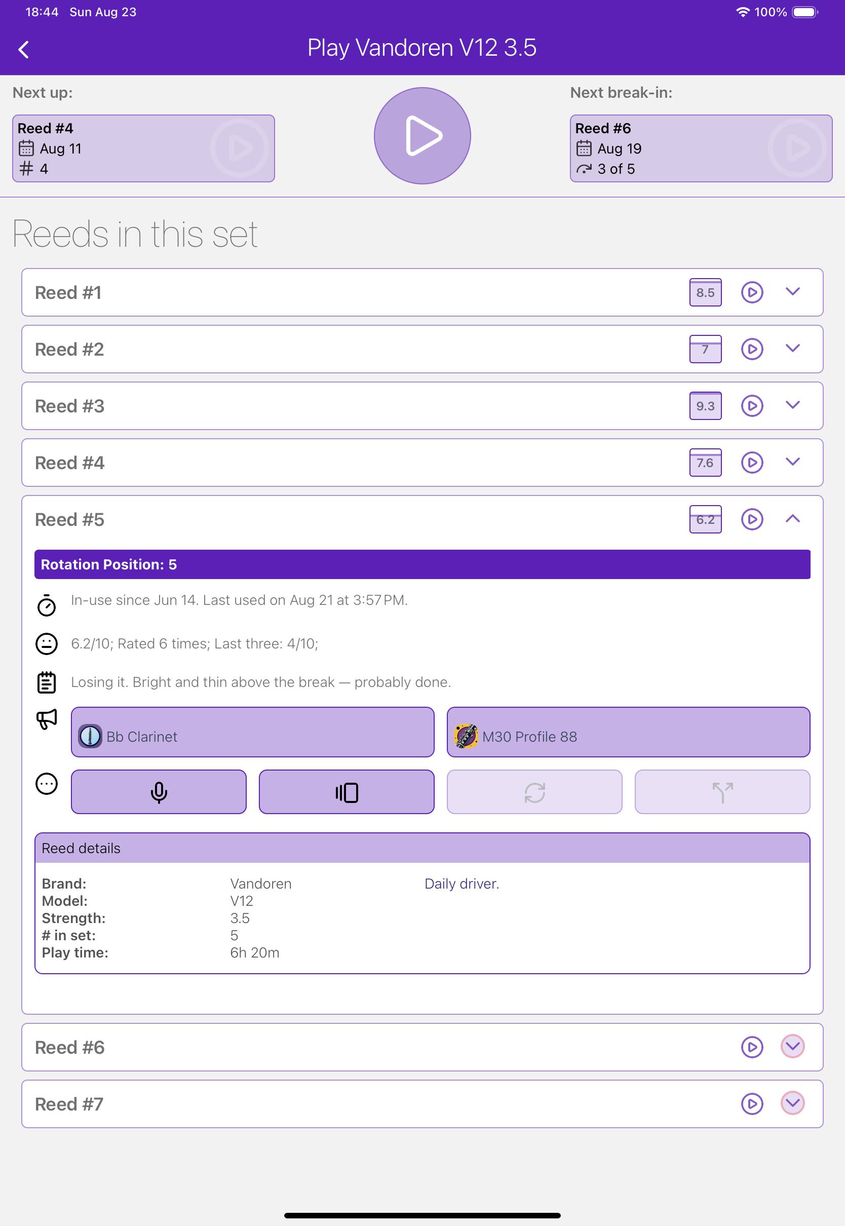 The reeDminder Play screen on iPad, showing a Vandoren V12 3.5 set. "Next up: Reed #4" and "Next break-in: Reed #6, 3 of 5" run across the top. Reeds #1 to #7 are listed with ratings of 8.5, 7, 9.3, 7.6 and 6.2, and Reed #5 is expanded to read "6.2/10; Rated 6 times; Last three: 4/10" with the note "Losing it. Bright and thin above the break — probably done." and details giving the brand, model, strength and 6h 20m of play time.
